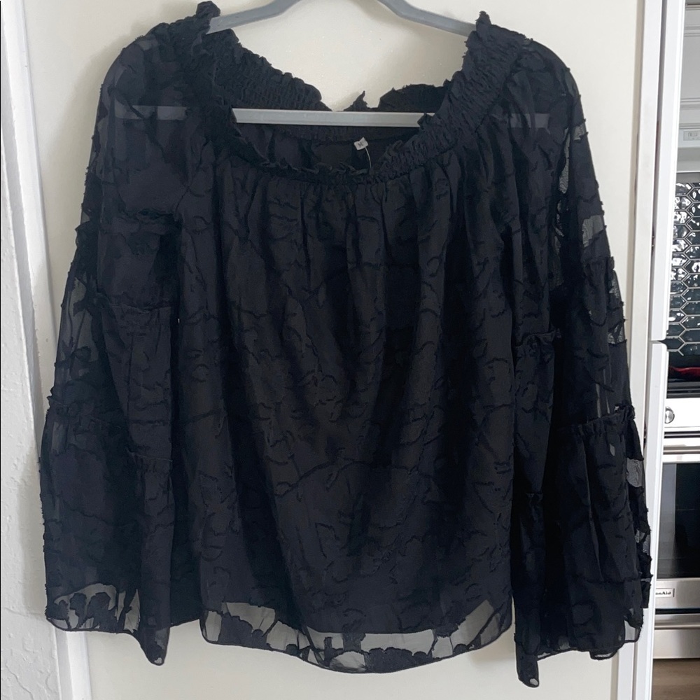 zae’s Boutique Elegant Black Women's Off the Shoulder Sheer Sleeve Black Top